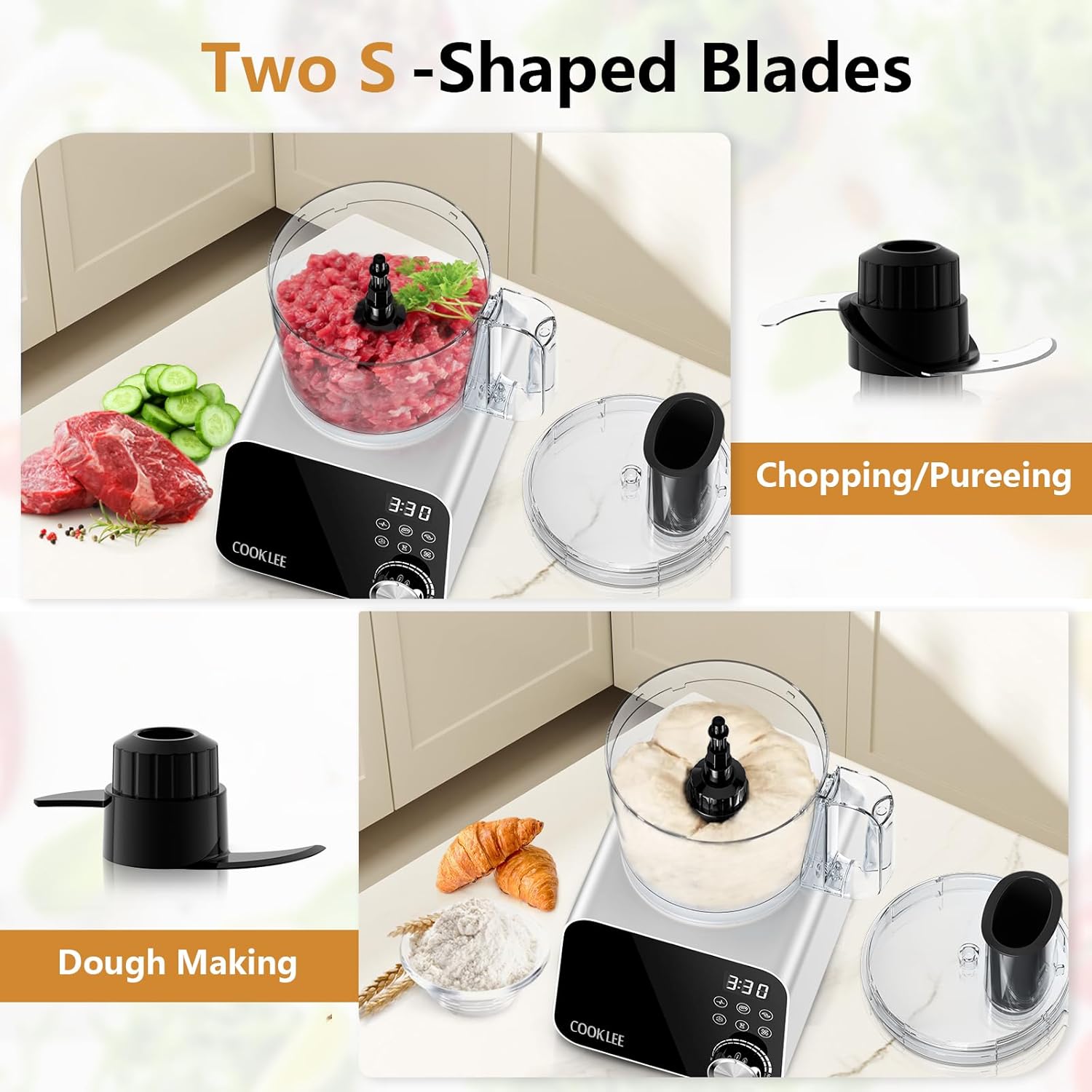 COOKLEE Food Processor, 600 Watts, 6 Functions Electric Food Chopper for Chopping, Mincing, Dicing
