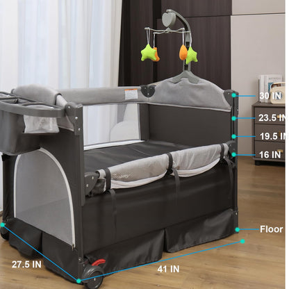Zdolmy Baby Bedside Sleeper Bassinet, 4-in-1 Pack and Play with Bassinet w/Diaper Changing Table & Storage Bag, 3 Adjustable Heights, Toy Arch & Music, Portable Baby Play Yard with Carry Bag