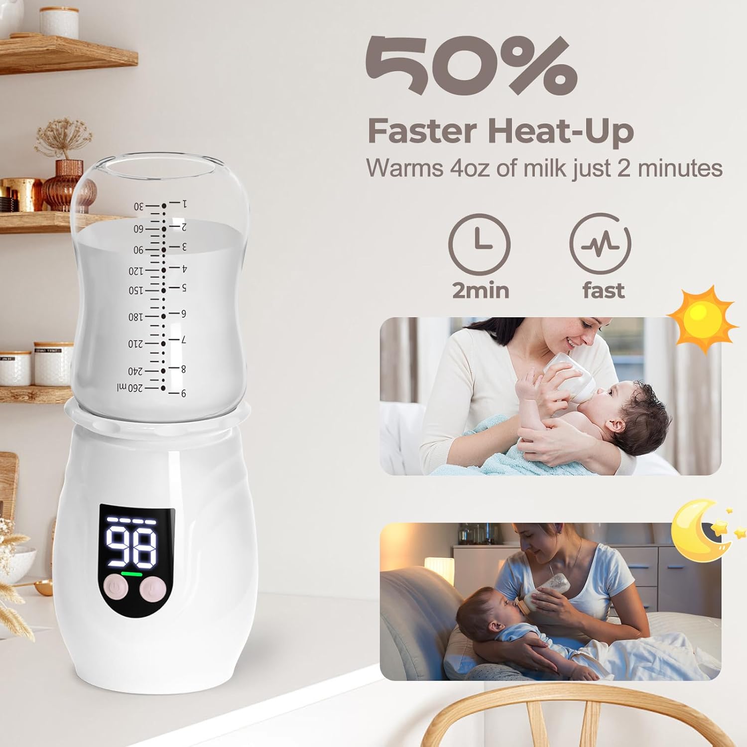 Portable Cordless Baby Bottle Warmer for Travel, Rechargeable with 8 Adapters & 1 Milk Powder