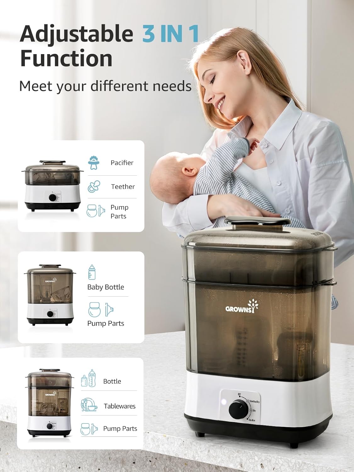 GROWNSY Adjustable 3 IN 1 Large Bottle Sterilizer and Dryer, Electric Steam Baby Bottle Sterilizer