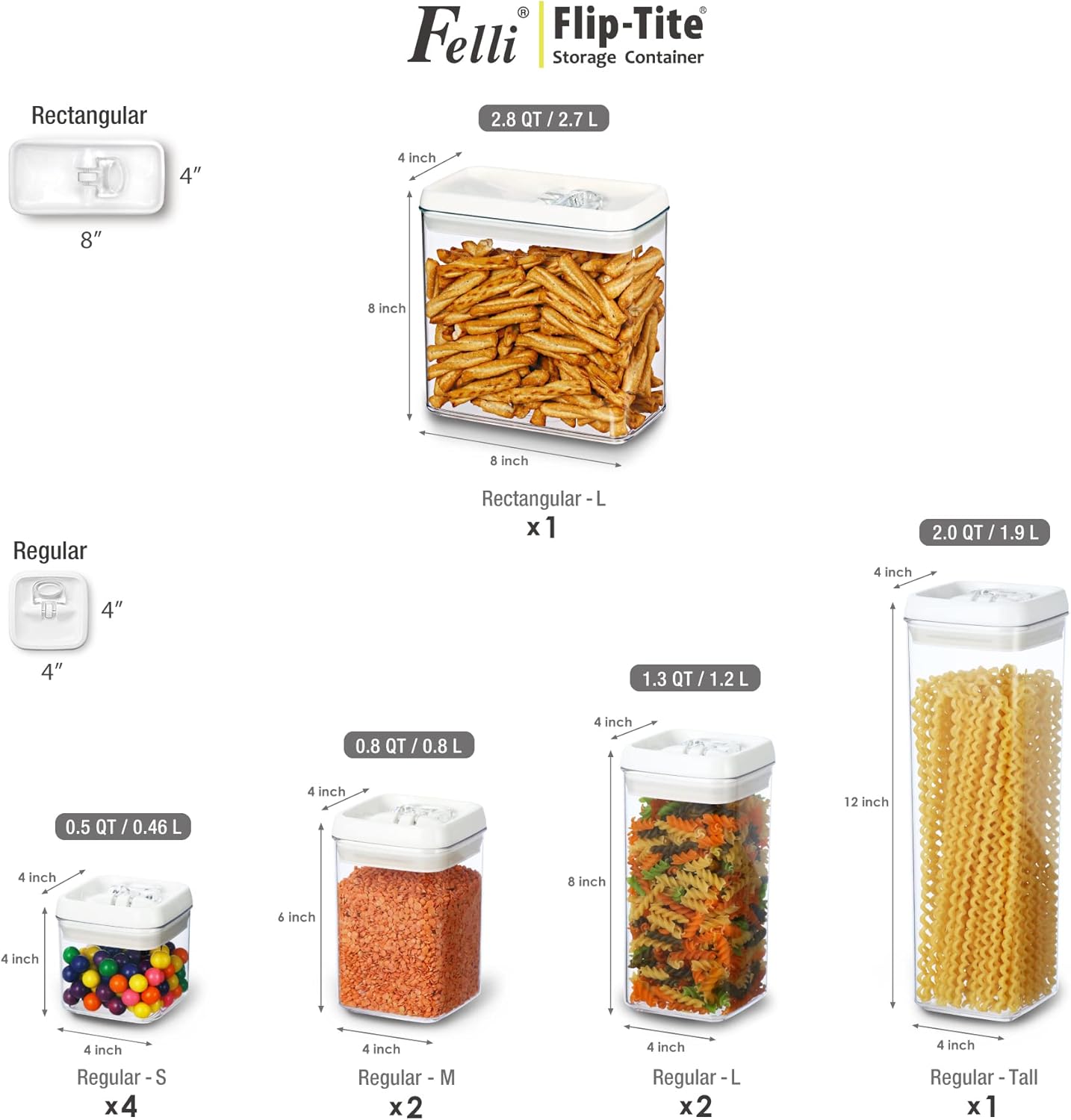 Felli Flip Tite Storage Container with 4 Inch Lid SQUARE & RECTANGLE, Air Tight Ring Seal Top Clear