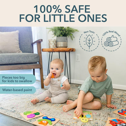 MAGIFIRE Wooden Puzzles 12-18 Months - Multicolor 6-Pack Animal & Vehicle Shapes with Storage Bag - Chunky Wood Puzzles for Fine Motor & Hand‐Eye Coordination - Ideal Toddler Gifts Age 1-2
