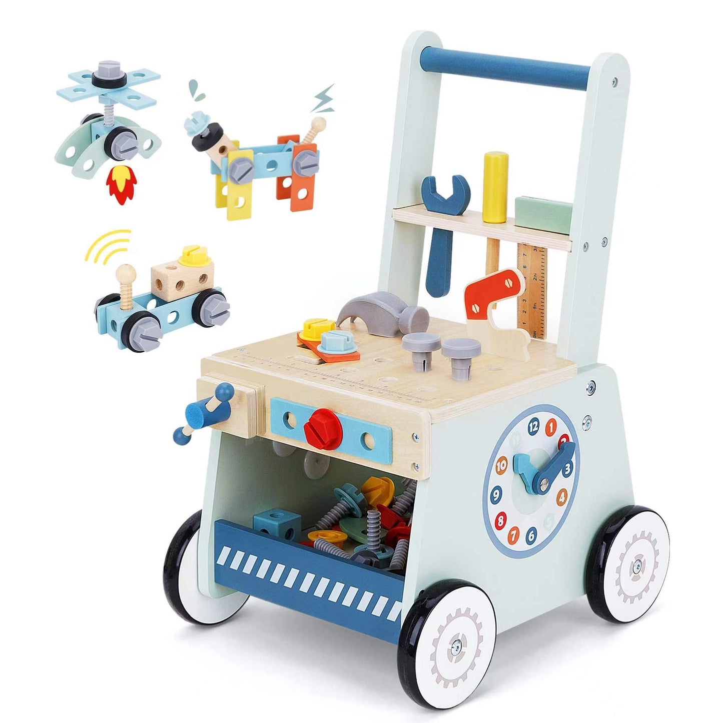 2-in-1 Wooden Baby Walker and Tool Bench with Building Play, Blue