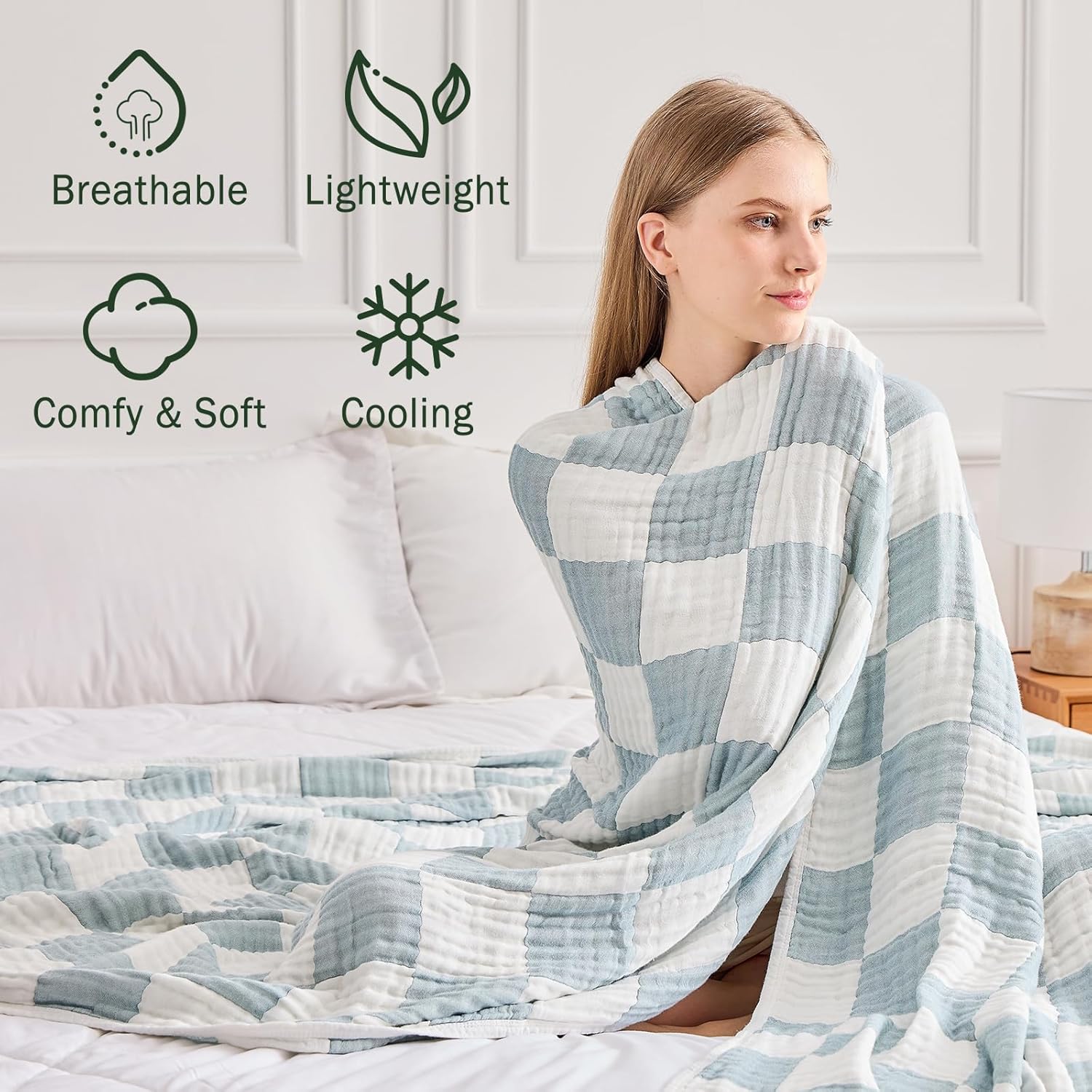 EMME Checkered Cotton Blanket Twin Large 60"x80" 100% Muslin for Couch Breathable Cooling Gauze All