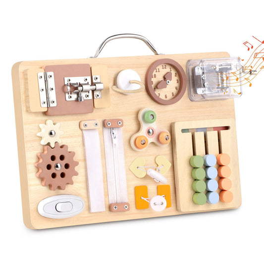 Hoarosall Montessori Busy Board for Toddlers 16-in-1 Wooden Sensory Activity Board with Music Box