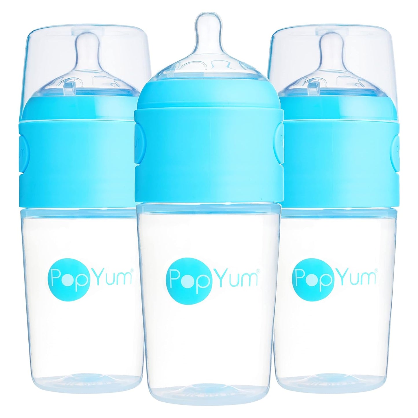 PopYum 9 oz Blue Anti-Colic Formula Making/Mixing/Dispenser Baby Bottles, 3-Pack with #2 Medium