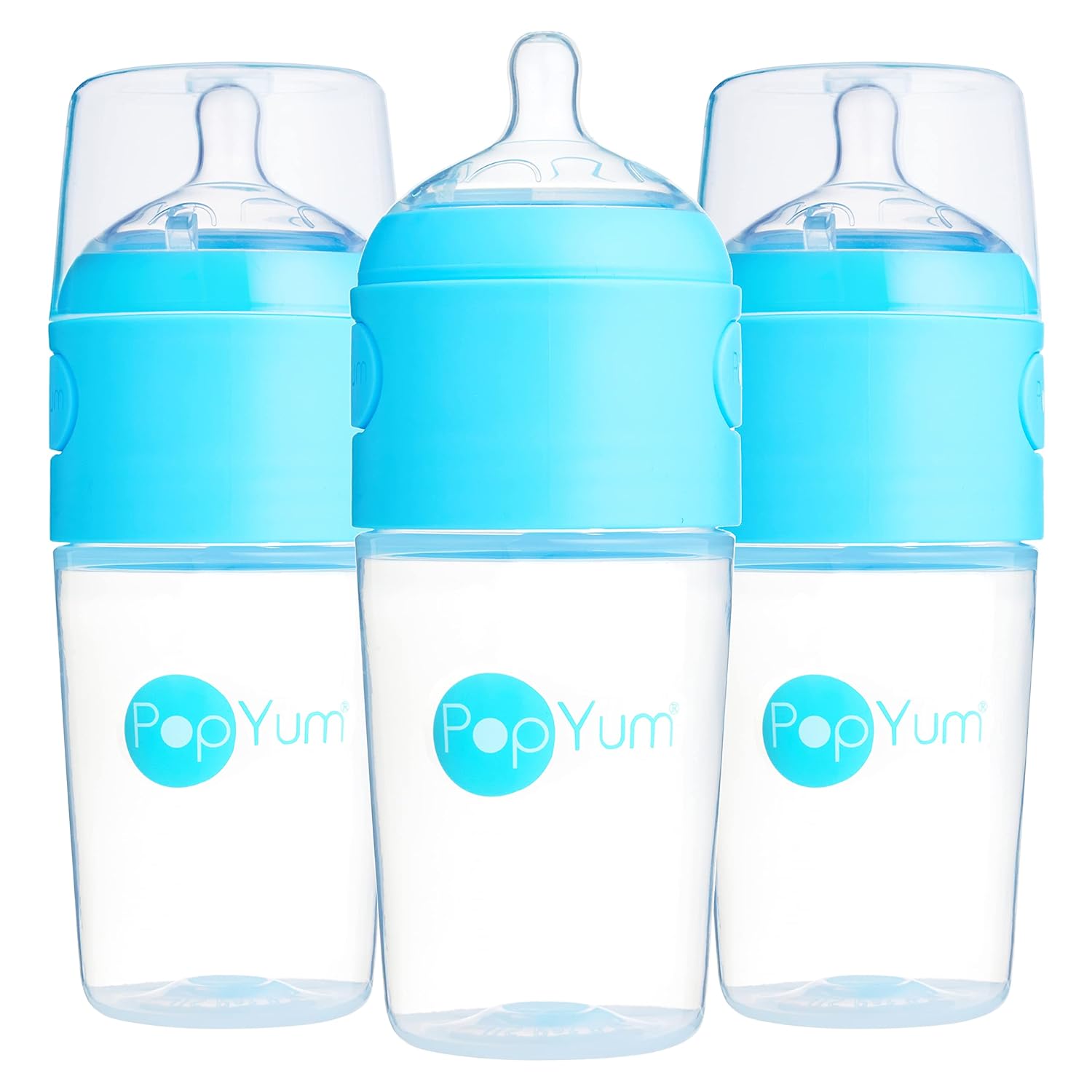 PopYum 9 oz Blue Anti-Colic Formula Making/Mixing/Dispenser Baby Bottles, 3-Pack with #2 Medium