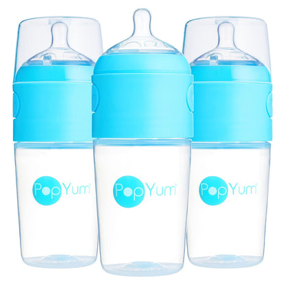 PopYum 9 oz Blue Anti-Colic Formula Making/Mixing/Dispenser Baby Bottles, 3-Pack with #2 Medium