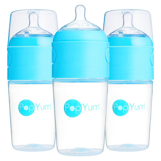PopYum 9 oz Blue Anti-Colic Formula Making/Mixing/Dispenser Baby Bottles, 3-Pack with #2 Medium