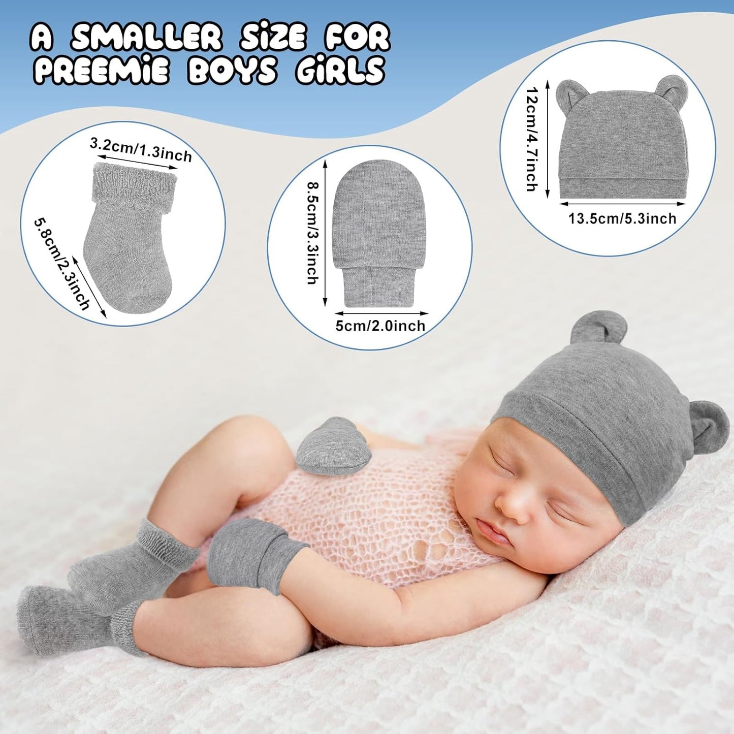 Cuffbow 4 Pcs Preemie Hats Mittens and Socks Set Preemie Mittens Warm Terry Socks for Baby