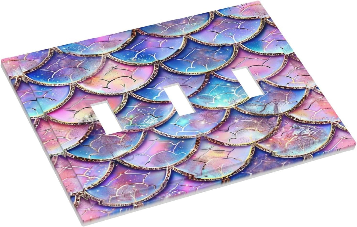 Decorative Switch Covers Plate Cute Pink Purple Mermaid Scales 3 Gang Artistic Wall Plate Unique Triple Toggle Light Switch Plate Jumbo Faceplate for Girlroom Bedroom Home Decor