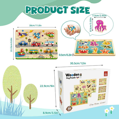 edutree Wooden Peg Puzzles for Toddlers 2-4, 6 Pack Educational Peg Puzzles Montessori Toys