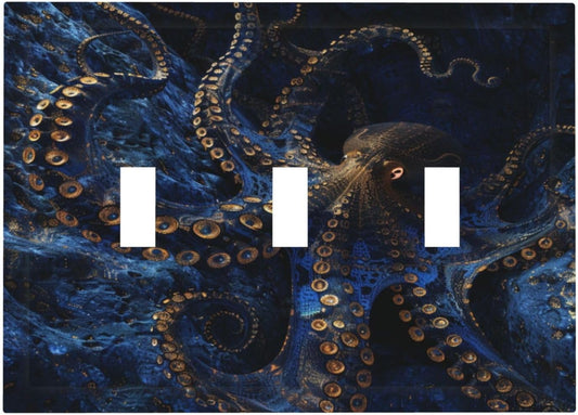 Decorative Switch Covers Plate Horror Night Blue Ocean Evil Octopus 3 Gang Artistic Wall Plate Unique Triple Toggle Light Switch Plate Jumbo Faceplate for Bathroom Bedroom Home Decor