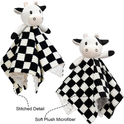 Cow High Contrast Baby Security Blanket for Babies, Soft 3D Checkerboard Lovey with Minky Dot Fabric Backing, Newborn Boys and Girls Snuggle Stuffed Animal Blankie 14 Inch
