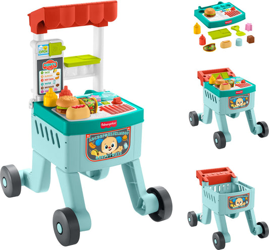 Fisher-Price Baby Push Toy 4-in-1 Snack Cart Walker Learning Activity, 14 Pieces for Pretend Play