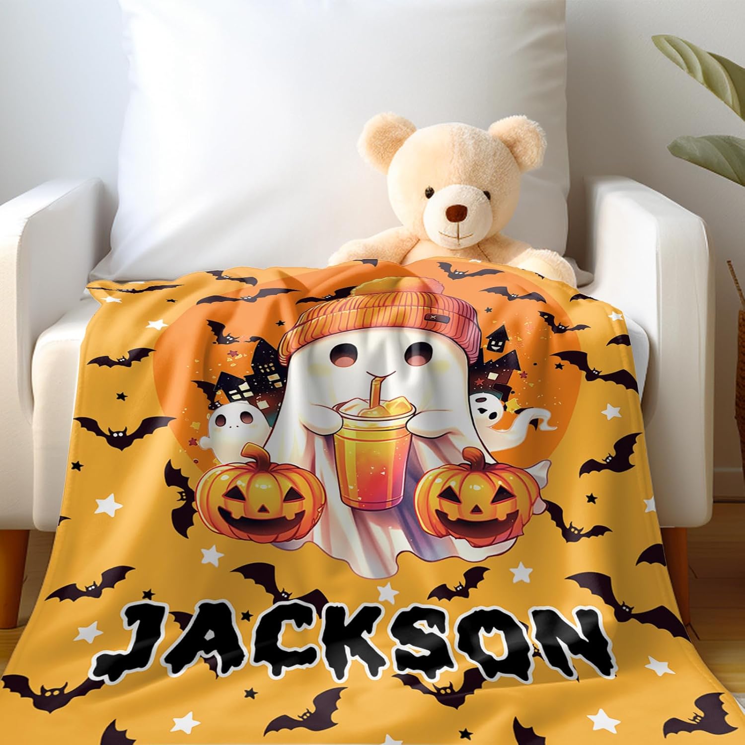 Ship Next Day, Custom Halloween Blanket - Printed in USA, Personalized Baby Blankets with Name