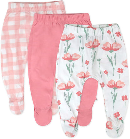 HonestBaby 3-pack Footed Pants Roomy Fit Pull on Bottoms 100% Organic Cotton for Infant Baby Boys, Girls, Unisex
