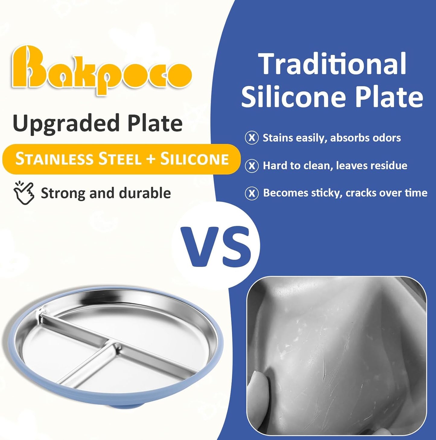 Stainless Steel Toddler Plate with Suction, 9” Divided Plates with Removable Silicone Sleeves for Kids, Non Toxic & BPA Free | Non Slip | Unbreakable Baby Snack Dishes Set of 2, Blue & Gray