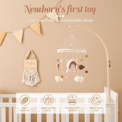 Baby Crib Mobile for Boys Girls Rainbow Nursery Mobile Gender Neutral Hand-Crocheted Mobile Ceiling Mobile - Rainbow, Clouds, Moon