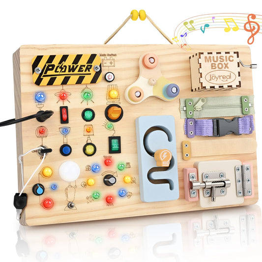 Joyreal Wooden Busy Board Montessori Toys for Toddlers, Sensory Activity Board with LED Lights