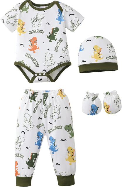 NZRVAWS Newborn Baby Boy Girl Clothes Unisex Infant Romper Pants Set Hat 4-Pack Outfits 0-12 Months 16 Pieces Toddler