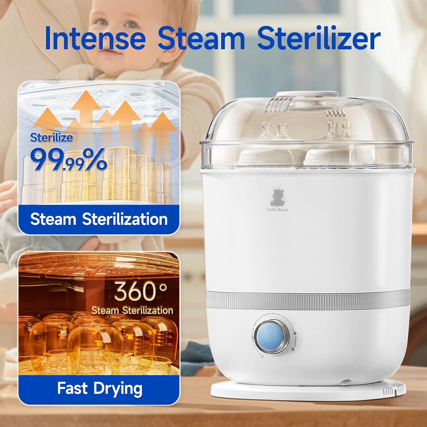 Snow Bear Baby Bottle Sterilizer and Dryer, 6-in-1 Electric Steam Bottle Sterilizer for Baby Bottle