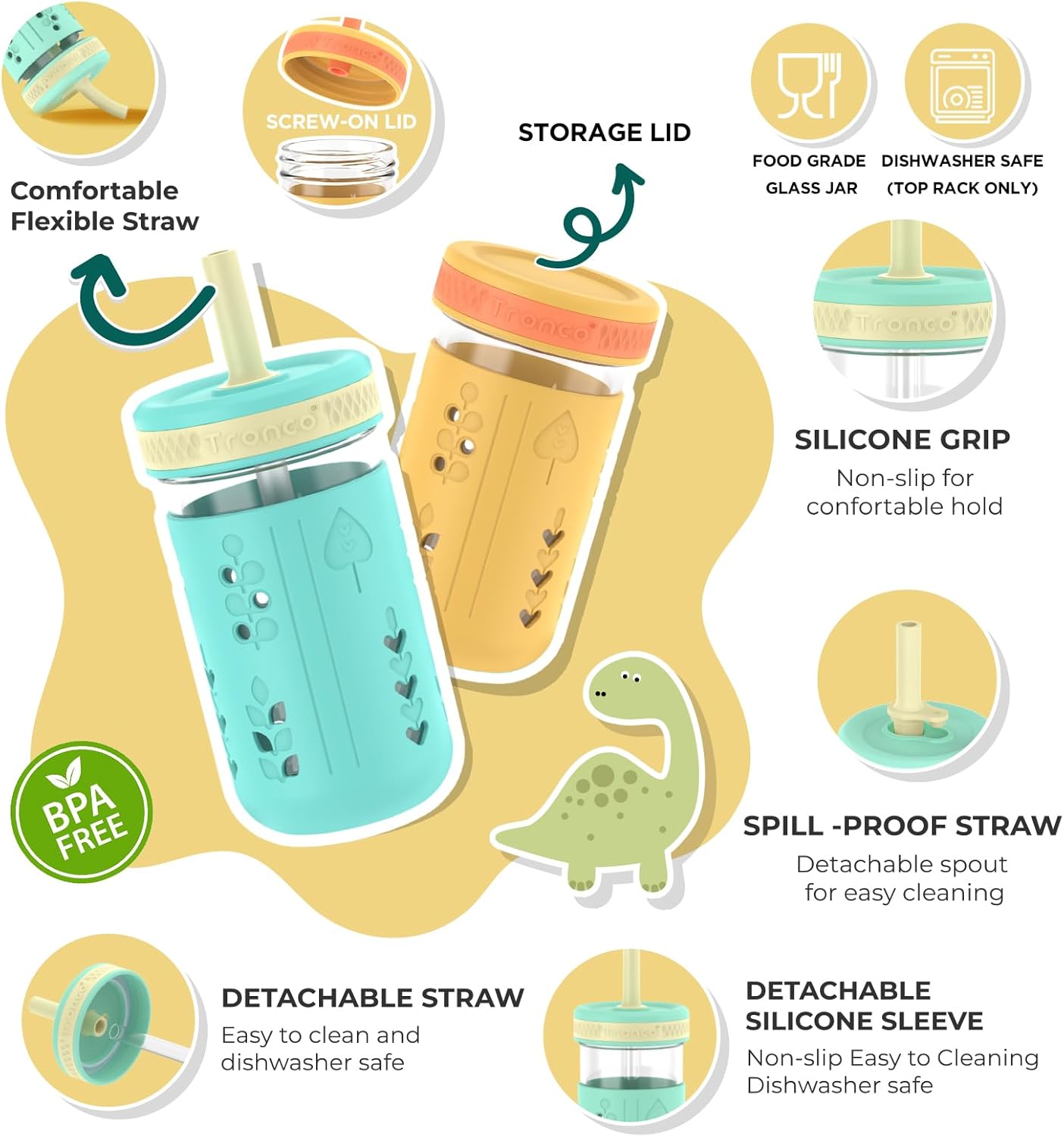 Tronco 12 oz Glass Sippy Cup for Kids & Toddlers | Mason Jar Smoothie Cups with Spill-Proof