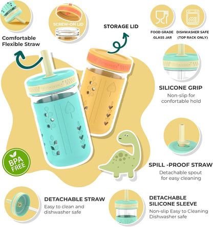 Tronco 12 oz Glass Sippy Cup for Kids & Toddlers | Mason Jar Smoothie Cups with Spill-Proof
