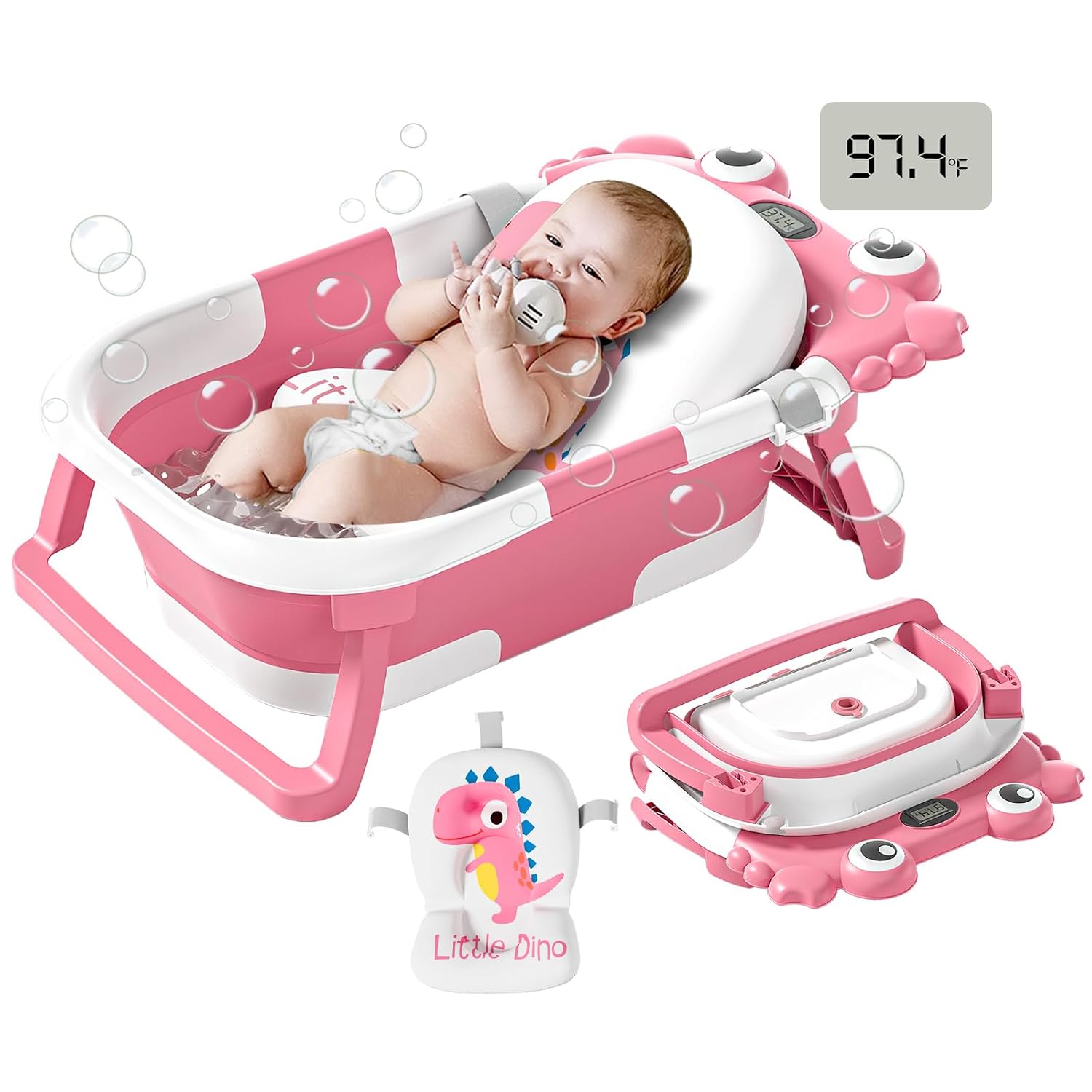 Collapsible Baby Bathtub for Newborns to Toddler with Real-time Temp Monitor & Floating