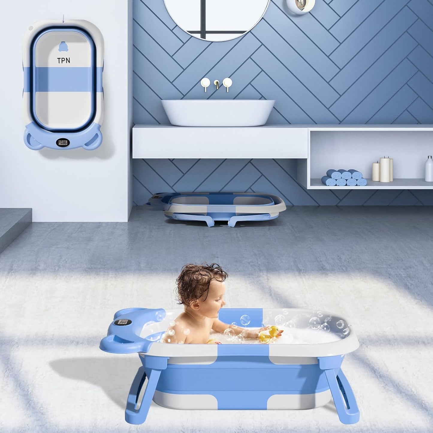 TPN Collapsible Baby Bathtub, Baby Bath Tub with Soft Cushion & Real-Time Thermometer, Baby Bathtub