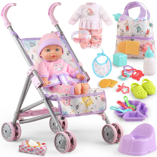 Baby Doll with Stroller Set for Realistic Pretend Play for 3 4 5 6 7 Year Old Toddler Girls Gifts.