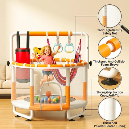 KINETRA 55" Kids Indoor Trampoline with Safety Net, Adjustable Gymnastics Bar & Toys