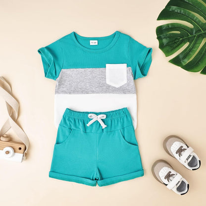 Baby Boy Clothes Toddler Boy Summer Outfits Short Sleeve Patchwork Top T-shirt & Pocket Pant Set 2 Piece 12 Months-4T