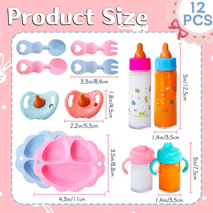 12 Pcs Baby Doll Accessories Magic Bottle set,Pretend Play Feeding Toy Set with Package,Doll