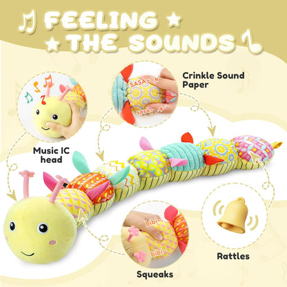Baby Toys 0 to 12 Months, Musical Stuffed Animal Activity Soft Toys with Multi-Sensory Crinkle, Rattle and Textures, Infant Tummy Time Toys for Newborn Boys Girls, Caterpillar, Yellow