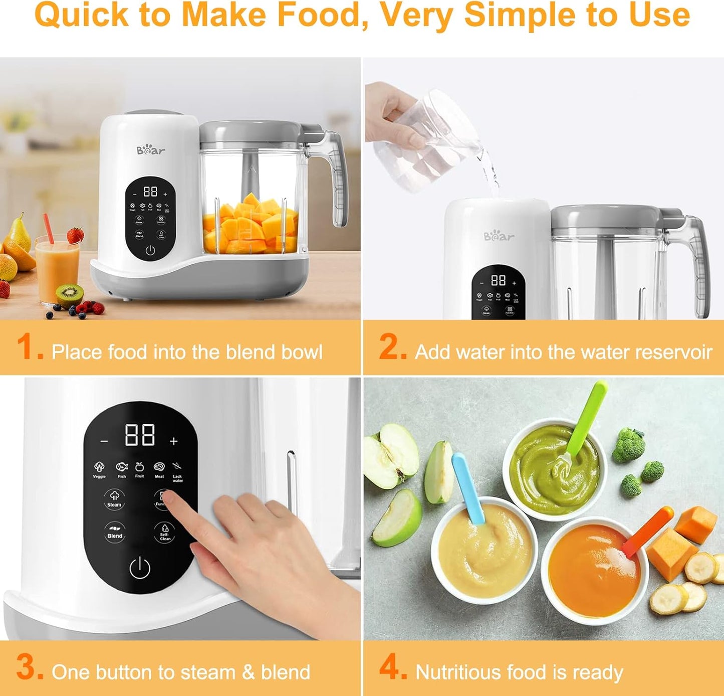 BEAR 2024 Baby Food Maker | One Step Baby Food Processor Steamer Puree Blender | Auto Cooking &