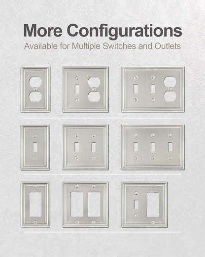 6-Pack Satin Nickel Outlet Cover, Single Duplex Wall Plate for Electrical Outlet, Light Switch, Durable Metal, 3.15''*4.88'', Midsize