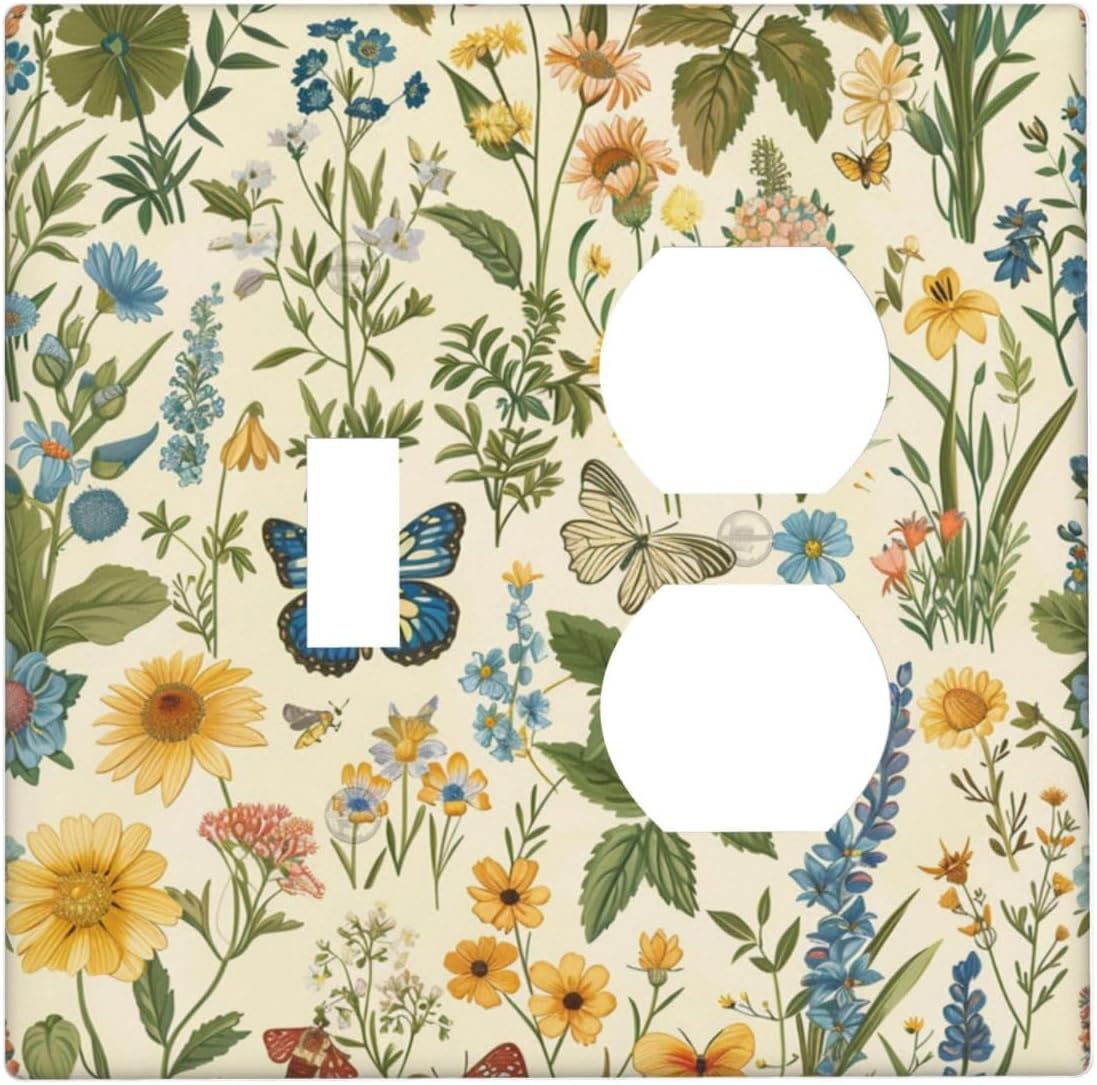 Decorative Outlet Covers Rustic Plant Garden Leaf Flower Butterfly 2 Gang Wall Plate Cover Single Toggle Duplex Combo Two Switch Light Switch Cover Plate Jumbo Dual GFCI Faceplate