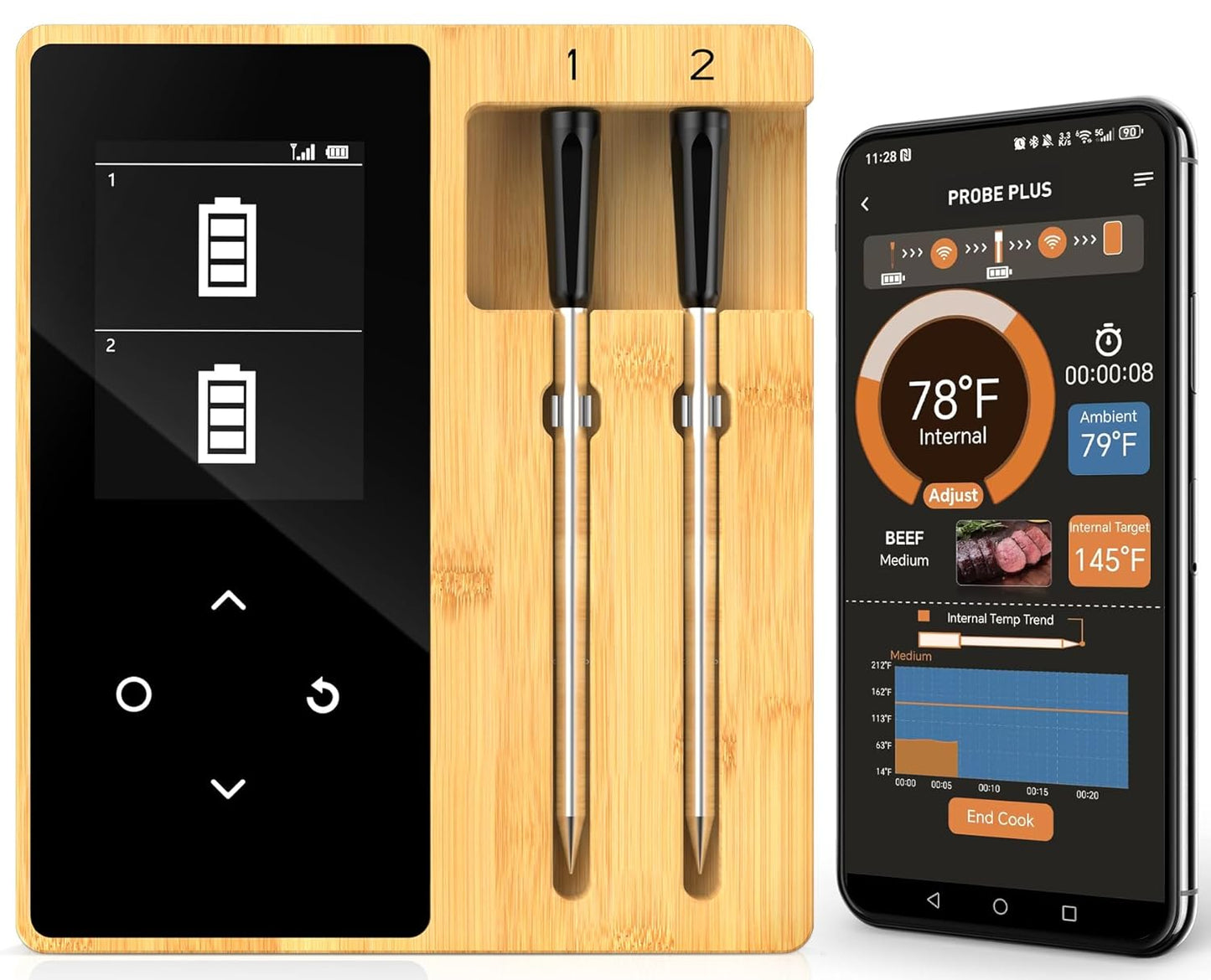 Smart Accurate Wireless Meat Thermometer - 2 Probes for BBQ, Smoking, Grilling, Cooking with