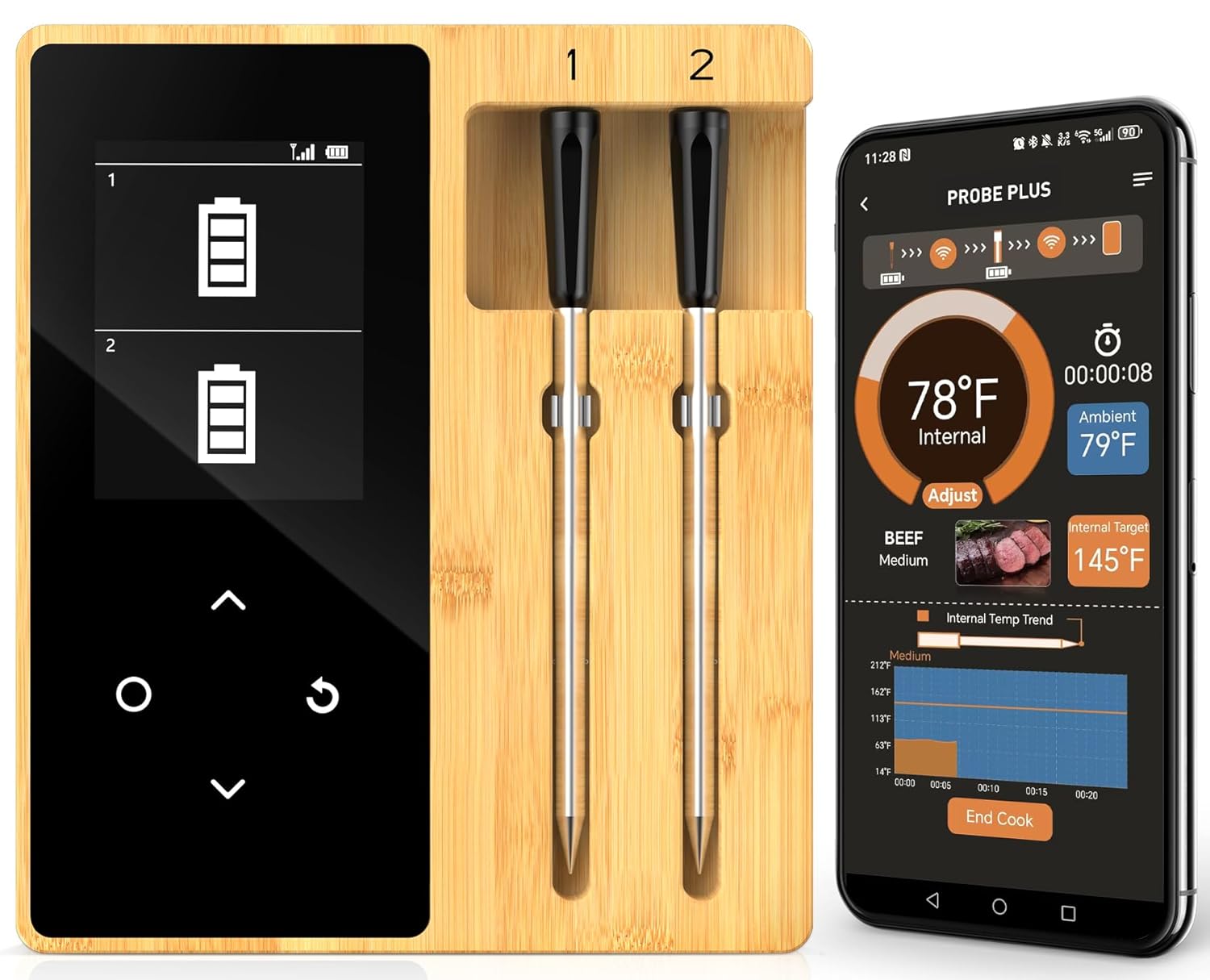 Smart Accurate Wireless Meat Thermometer - 2 Probes for BBQ, Smoking, Grilling, Cooking with