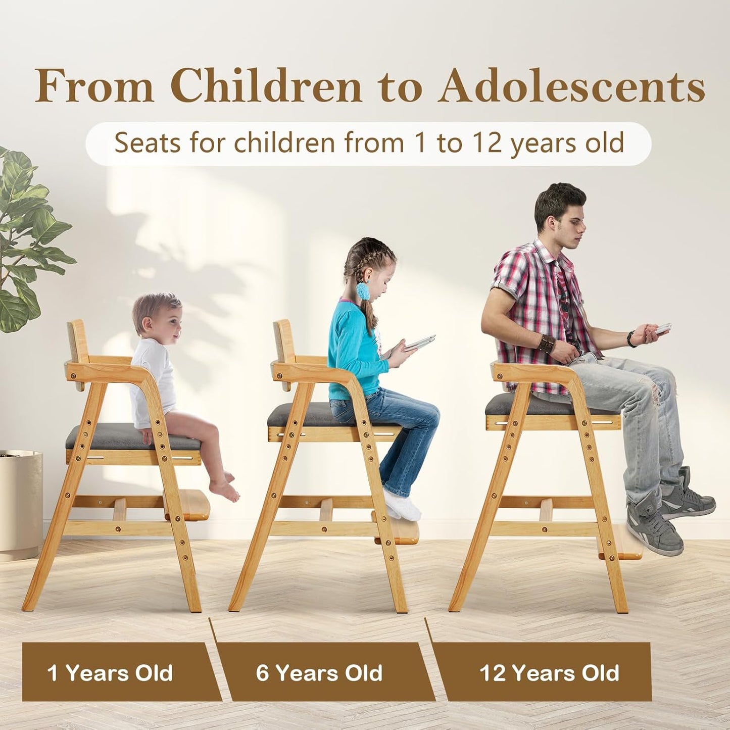 Solid Wood High Chair for Toddlers to Teens, Adjustable Height Toddler Dining Chair, Easy to Clean