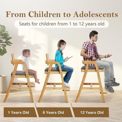 Solid Wood High Chair for Toddlers to Teens, Adjustable Height Toddler Dining Chair, Easy to Clean