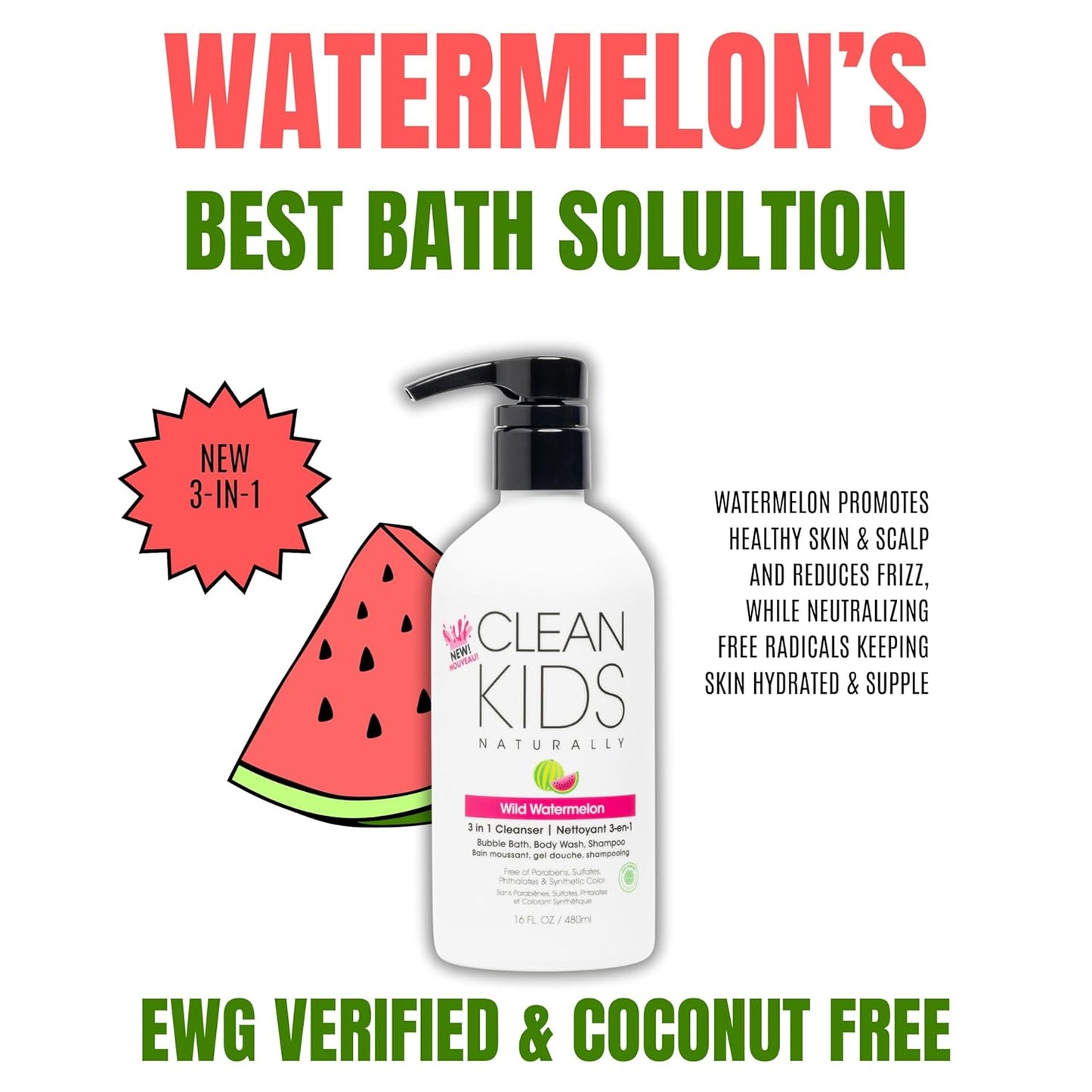 Gabriel Cosmetics Clean Kids Naturally Wild Watermelon 3-in-1 Shampoo, Cleanser & Bubble Bath (16