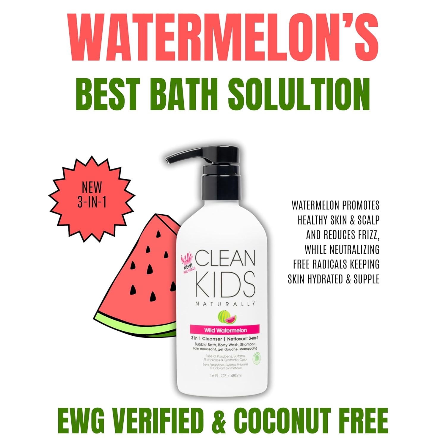 Gabriel Cosmetics Clean Kids Naturally Wild Watermelon 3-in-1 Shampoo, Cleanser & Bubble Bath (16