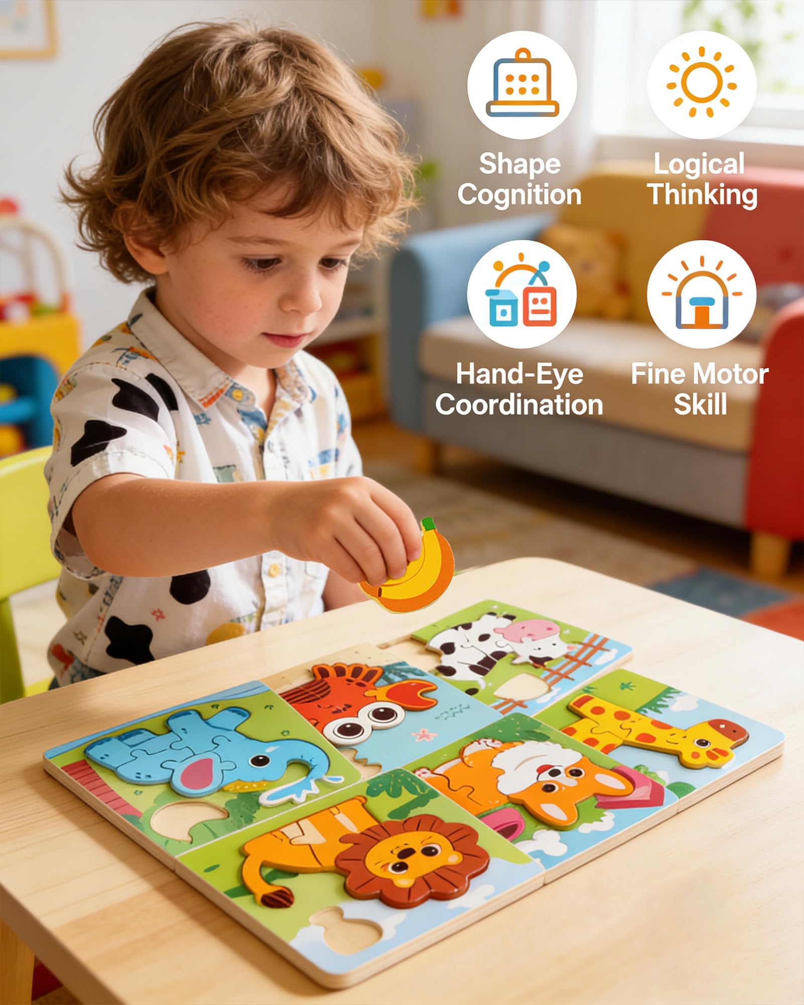 YUNCHY Wooden Puzzles for Toddlers 1-3, 6pcs Animal Jigsaw Puzzles for Toddlers, Montessori