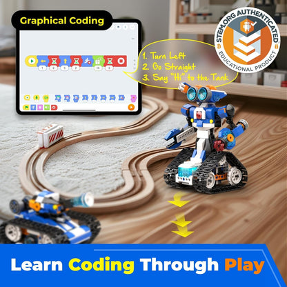 Robot J Creative Building Kit With Storage Box, 6-in-1 Programmable App Remote Control Tank STEM Learning Toy, Educational Coding Gifts for 7-12 Years Old Kids