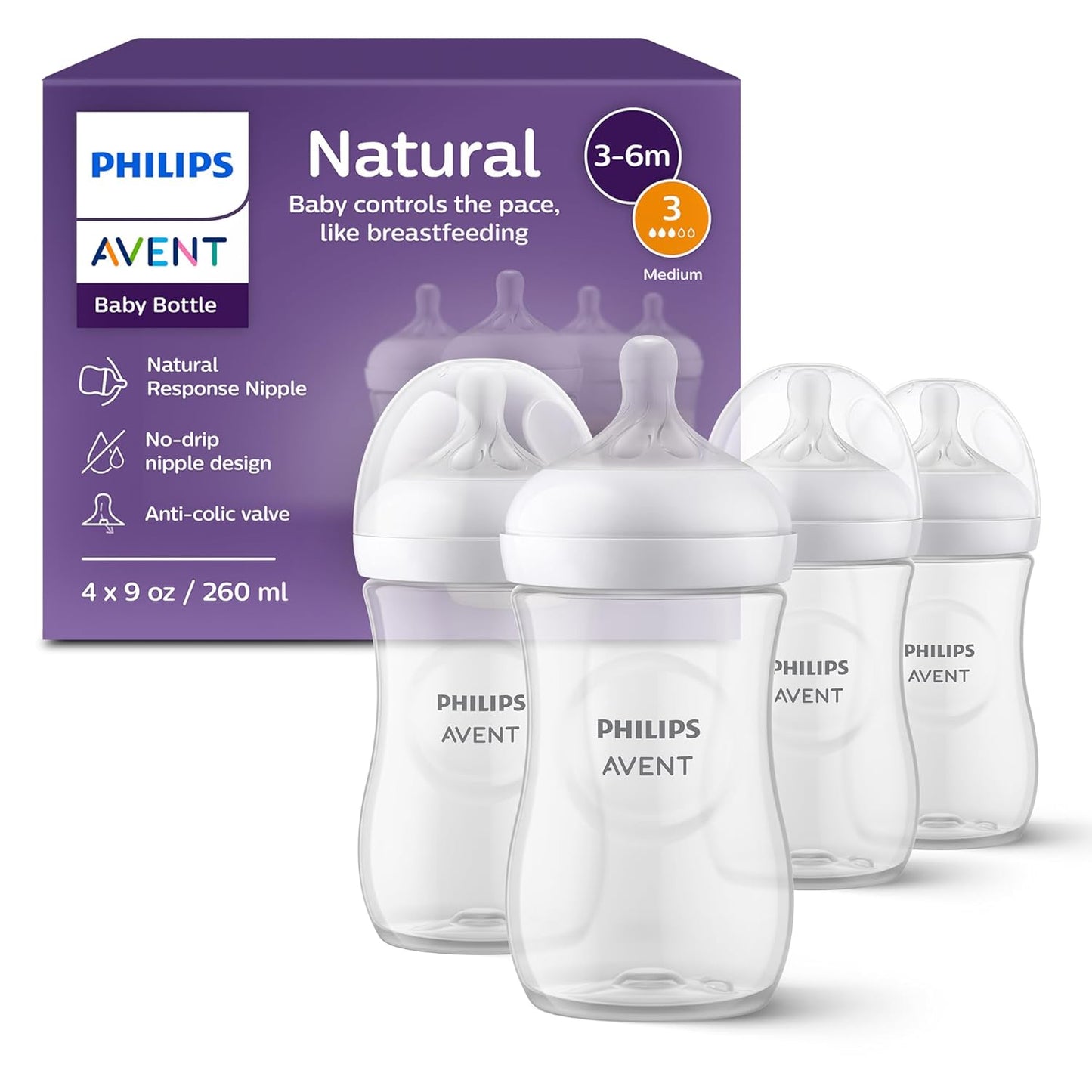 Philips Avent Natural Baby Bottles with Natural Response Nipples (Medium Flow, Flow 3), 9oz