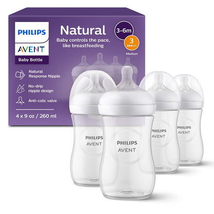 Philips Avent Natural Baby Bottles with Natural Response Nipples (Medium Flow, Flow 3), 9oz