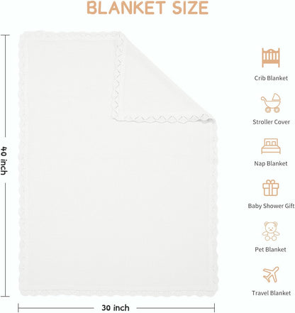 100% Cotton Baby Blanket Knit Lace Soft Warm Toddler Blanket,30 x 40 Inches，White