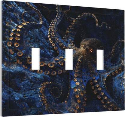Decorative Switch Covers Plate Horror Night Blue Ocean Evil Octopus 3 Gang Artistic Wall Plate Unique Triple Toggle Light Switch Plate Jumbo Faceplate for Bathroom Bedroom Home Decor